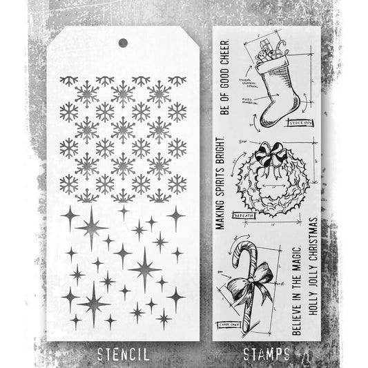 Stampers Anonymous - Tim Holtz - Blueprint Christmas 1 Stamps with Twinkle and Flurries Stencils (THMM191)