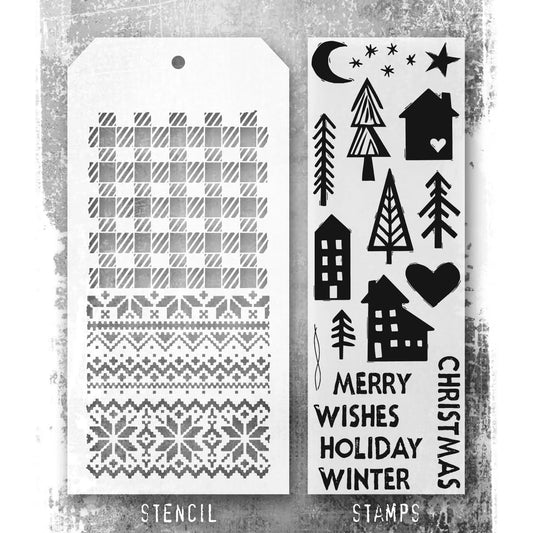 Stampers Anonymous - Tim Holtz - Festive Print Clear Stamps with Holiday Knit & Gingham Stencils (THMM187)