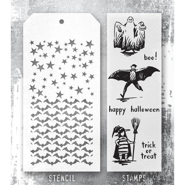 Stampers Anonymous - Tim Holtz - Trick or Treat Stamps with Falling Stars Batground Stencil (THMM165)